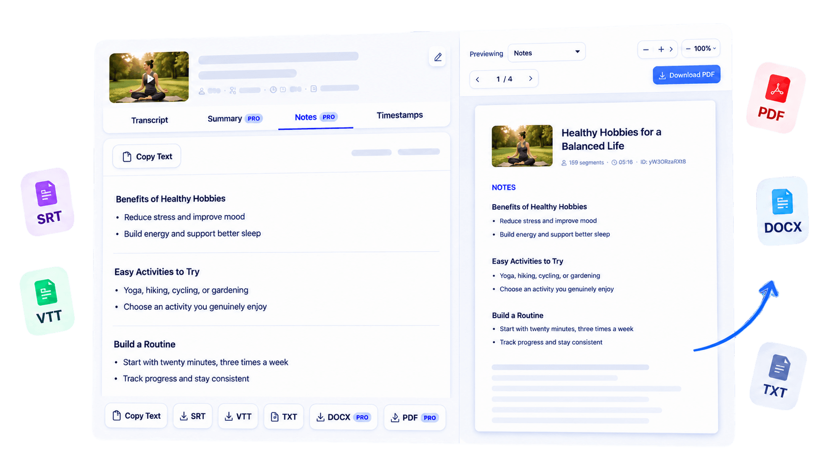 YouTube Notes Generator interface preview in TubeText