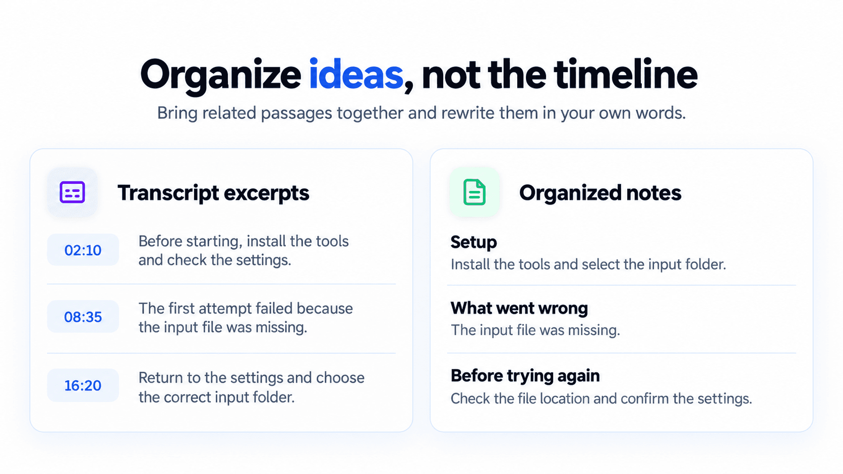 Transcript excerpts grouped into organized notes by topic instead of timeline