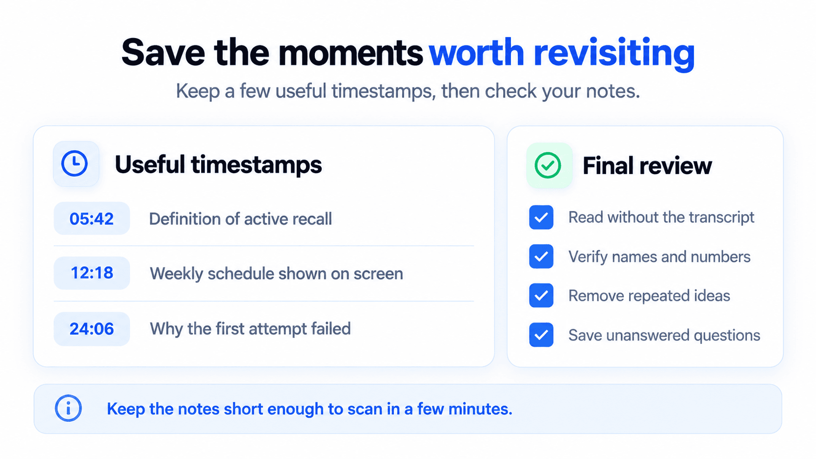 Useful timestamps beside a checklist for reviewing completed video notes