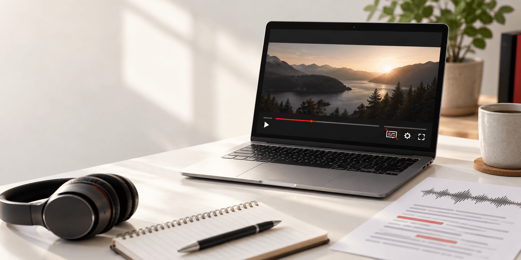 Laptop showing a video player with unavailable captions, beside headphones and transcript notes