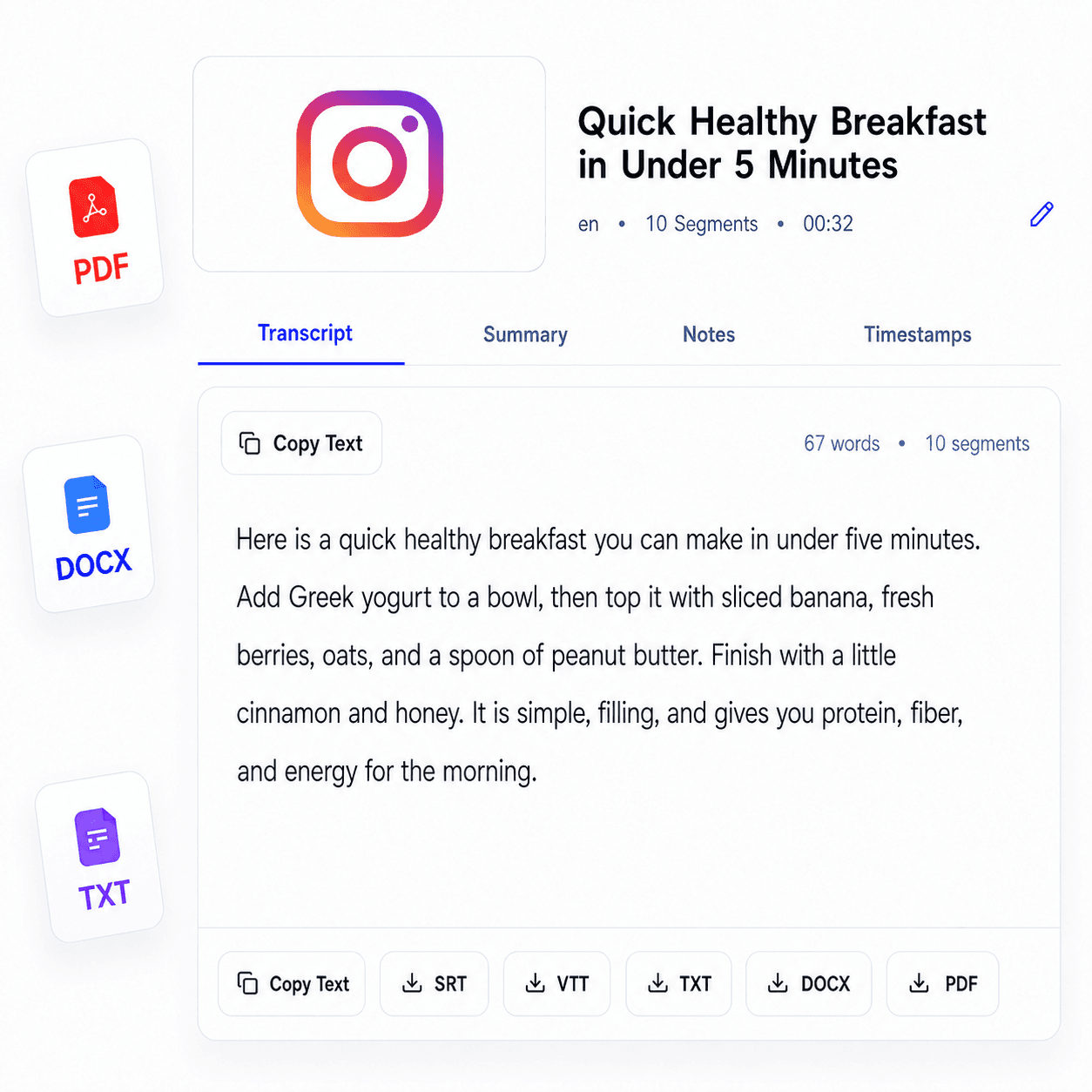 Instagram video transcript workflow in TubeText