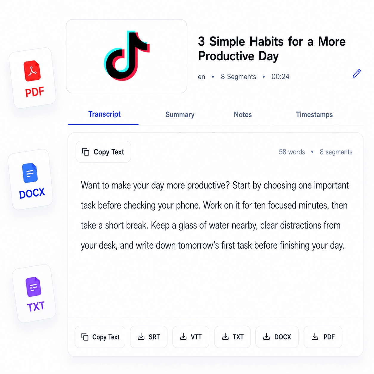 TikTok video transcript workflow in TubeText