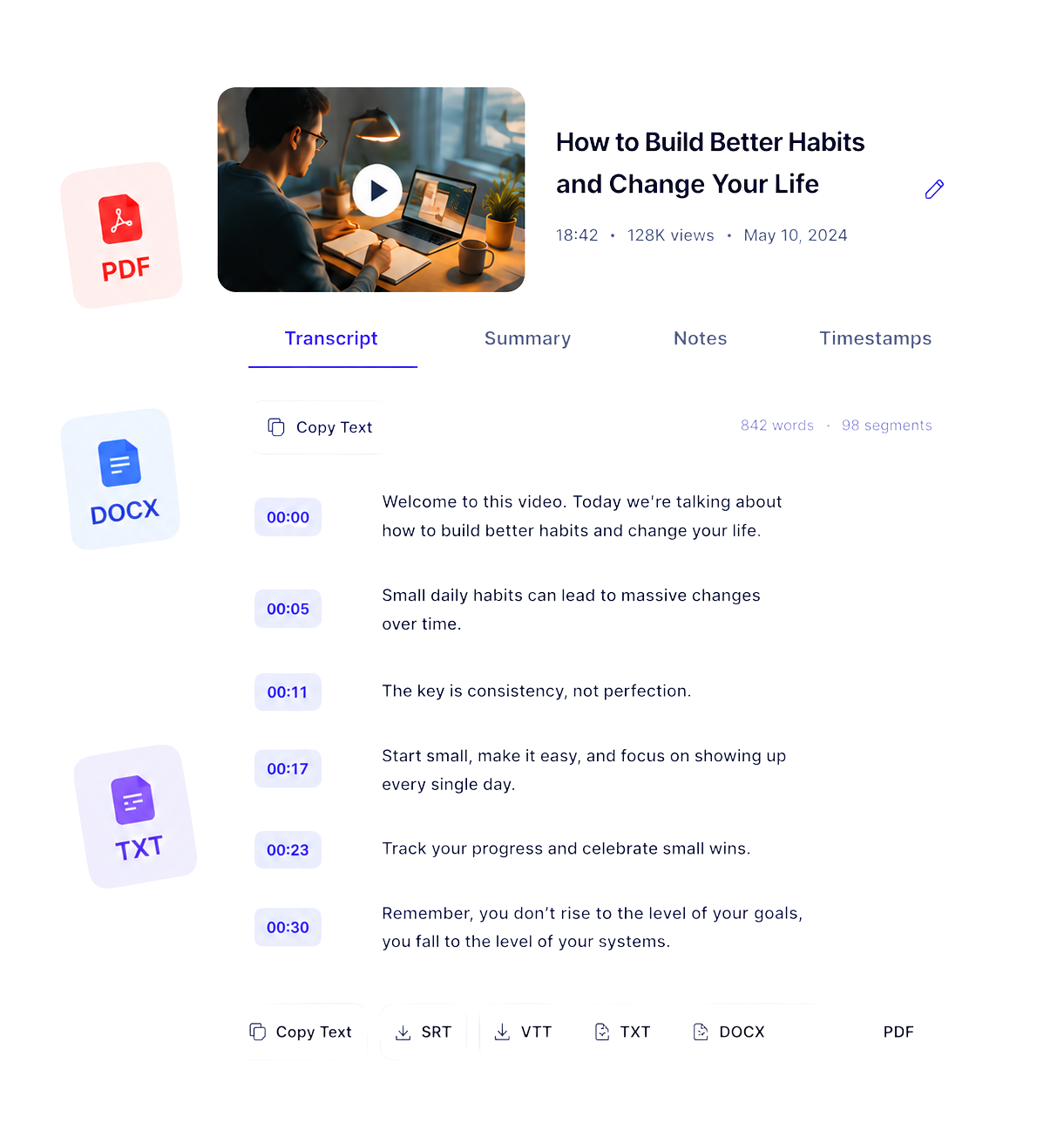 TubeText transcript workspace with timestamps and export options
